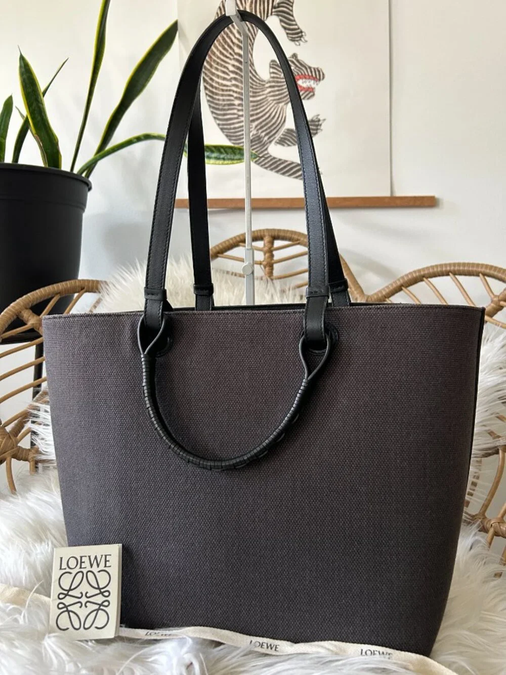 Loewe Anagram Tote in Leather & Canvas Black & Gray-Laptop, Travel, Work